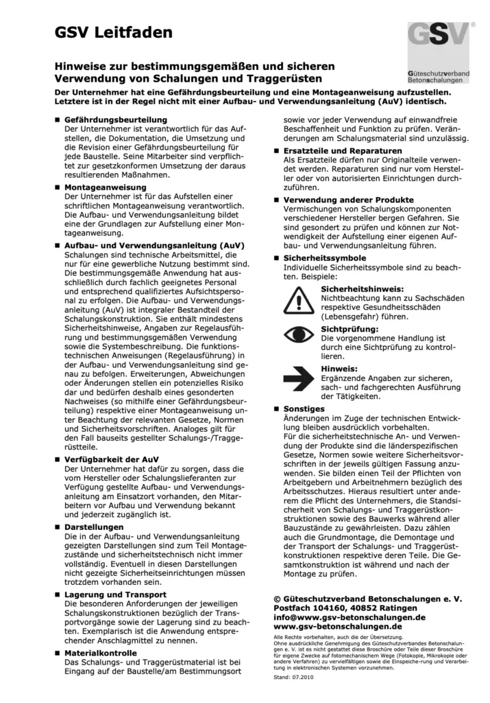 GSV Leitfaden Hinweise zur bestimmungsgemäßen und sicheren Verwendung von Schalungen und Traggerüsten